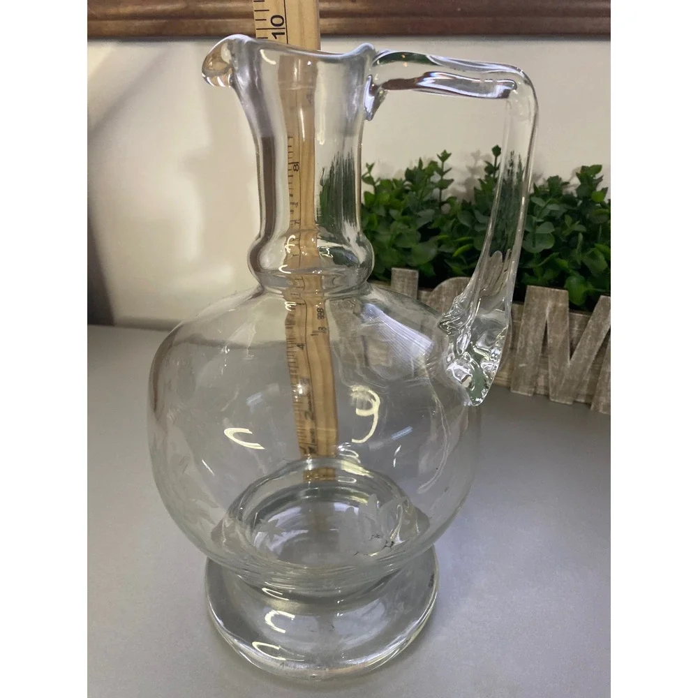 Vintage‎ Etched Glass Pitcher Carafe Clear Floral Design Handle Spout
